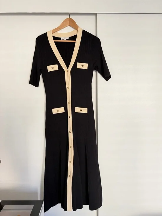 J. Crew Black Midi Cardigan Dress with Cream Trim - Picture 2 of 5